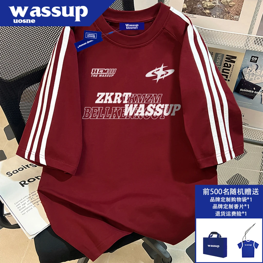 美式复古拼接短袖t恤男生夏季宽松休闲重磅三条杆高街插肩袖上衣