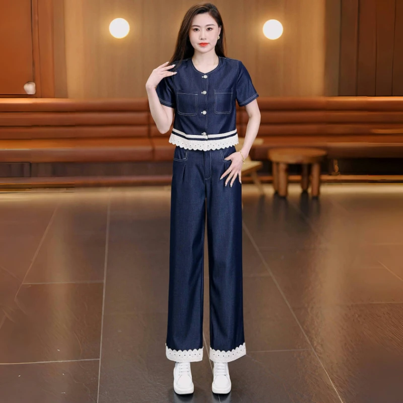 小香风牛仔套装女2025夏季新款时尚洋气蕾丝边短袖上衣裤子两件套