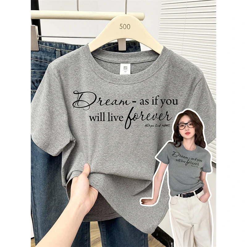 洋气字母正肩修身短袖t恤女生复古潮酷显瘦高弹力棉夏季百搭上衣