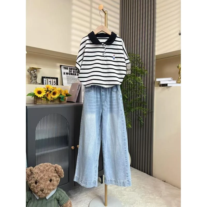 女童夏季条纹T恤韩版套装洋气薄款牛仔裤显瘦直筒裤中大童两件套