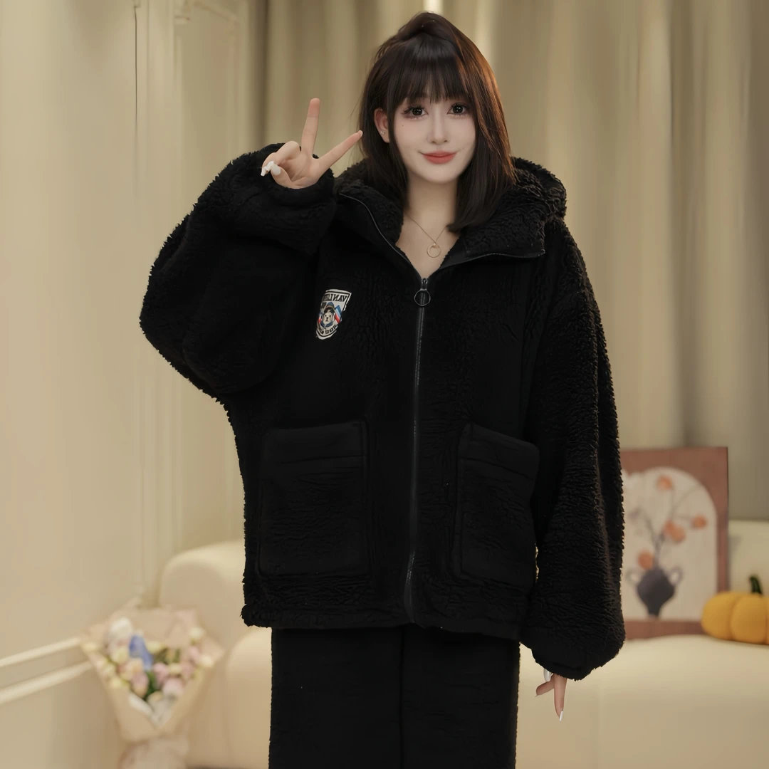 秋冬加绒加厚连帽睡衣套装可爱情侣保暖舒适居家可外穿