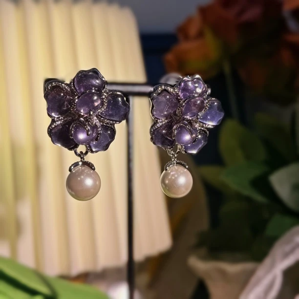 铜合金琉璃耳饰 贝珠琉璃花朵耳饰气质百搭耳钉耳饰