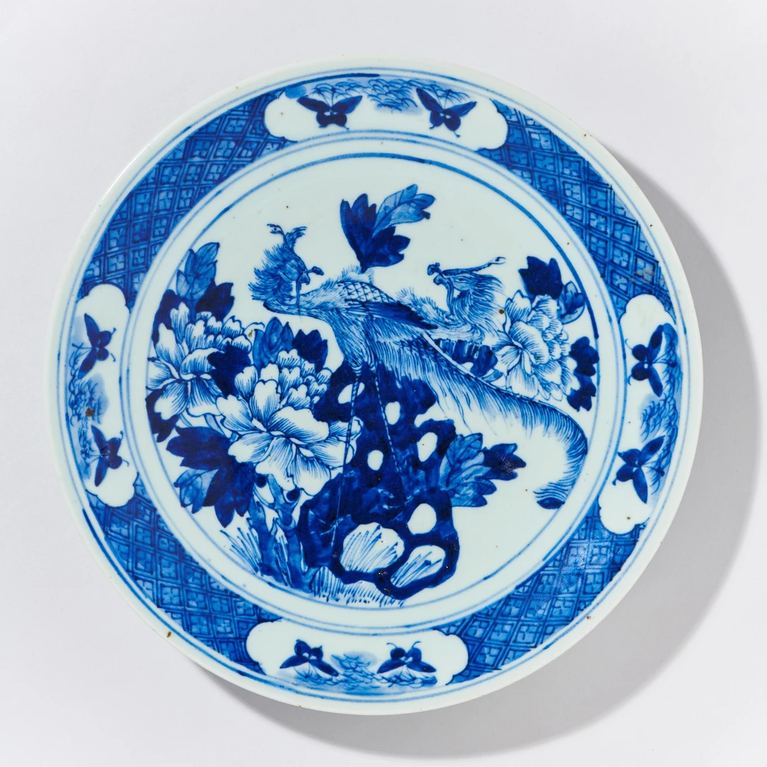 1166清中晚期·青花凤穿牡丹纹盘【古董拍卖】