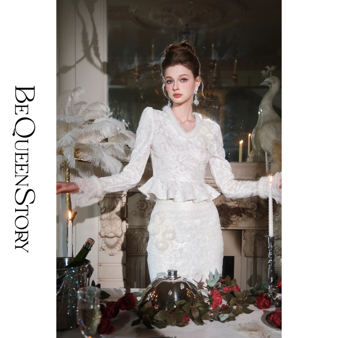 BeQueenStory【云溪花镜】气质拼接水貂毛泡泡袖上衣&鱼尾半身裙