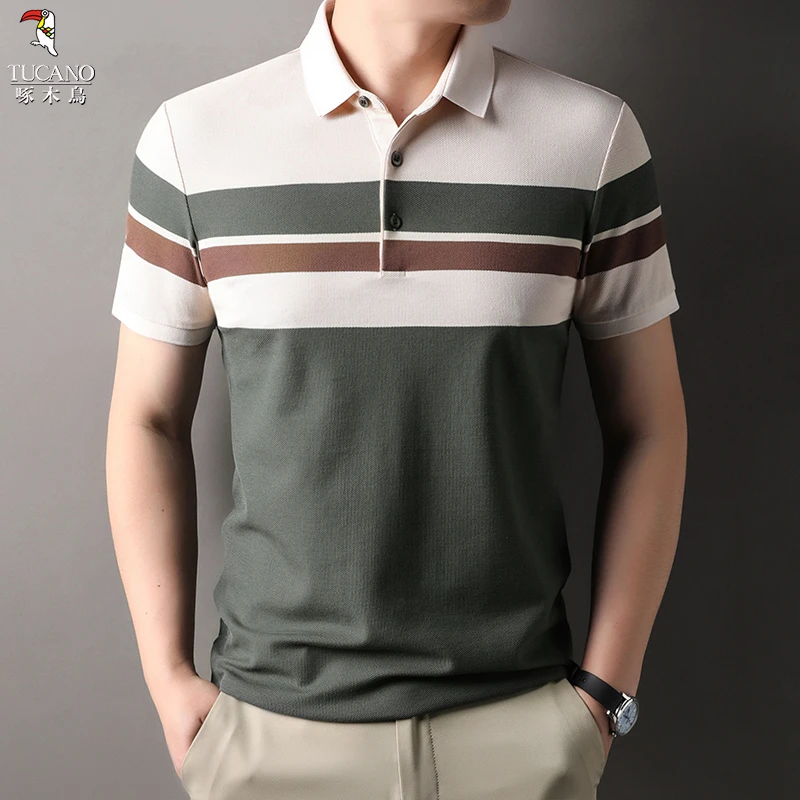 啄木鸟2025春夏亲肤柔软翻领百搭时尚经典条纹夏季男士上衣短袖