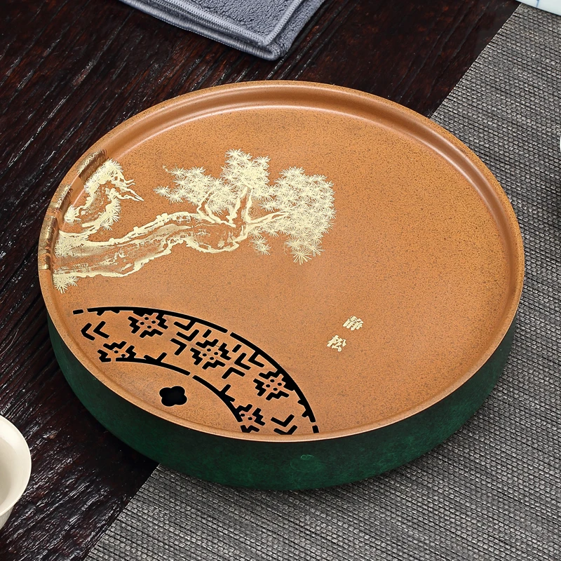 迎客松黄铜小茶盘圆形干泡茶台家用储水壶承金属茶托茶海功夫茶具