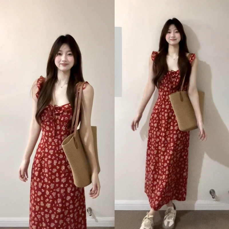 法式海边度假掐腰红色吊带碎花连衣裙子女夏季多巴胺衣服纯欲风