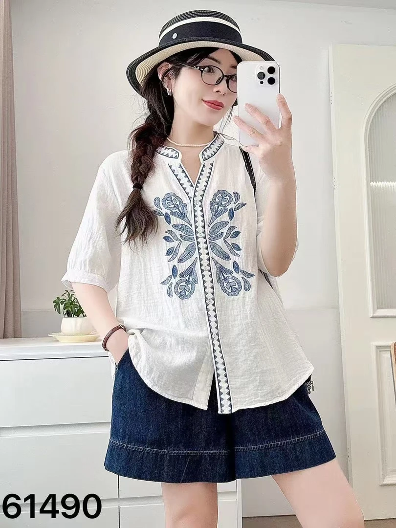 女士多色双层纱布棉印花纯色短袖小衫