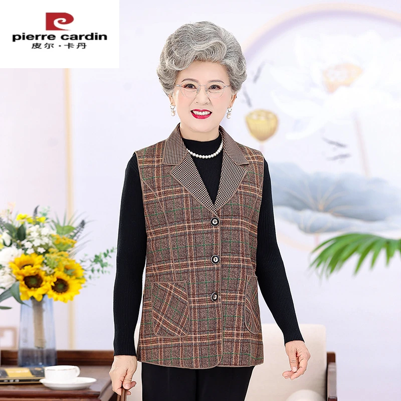 皮尔卡丹老年人春秋薄款格子马甲70-80岁中老年女装妈妈装秋装坎
