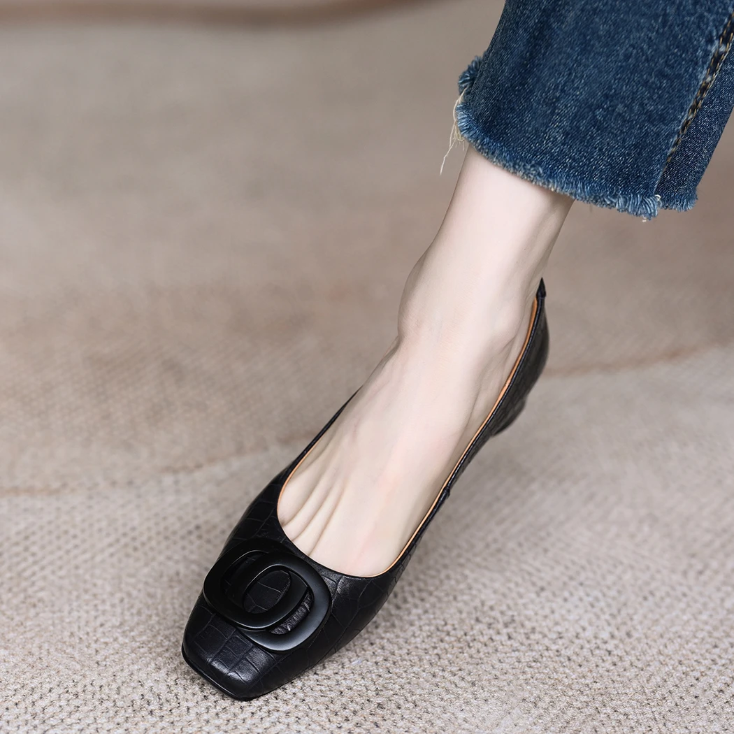 真皮断码清仓单鞋女春季新款复古时尚百搭中跟软底浅口粗跟女鞋