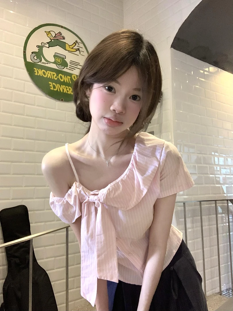 夏季新款女生韩系ins衣服粉色条纹斜肩短袖蝴蝶结衬衫垂感阔腿裤