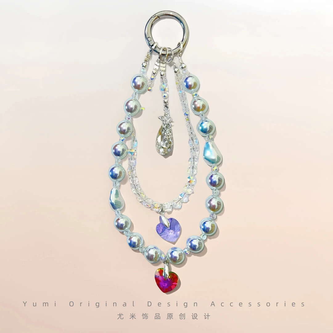 尤米多彩串珠爱心水晶手机链时尚挂饰防丢防摔设计L178