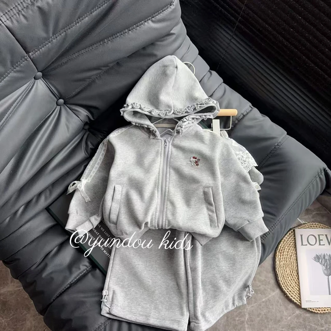 秋冬女宝休闲卫衣蝴蝶结套装拉链秋季连帽洋气运动百搭灰色