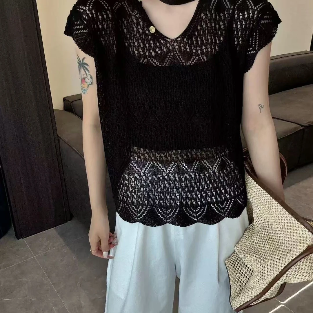 夏季新款镂空时尚设计凉快多巴胺针织衫洋气显瘦宽松韩版设计感