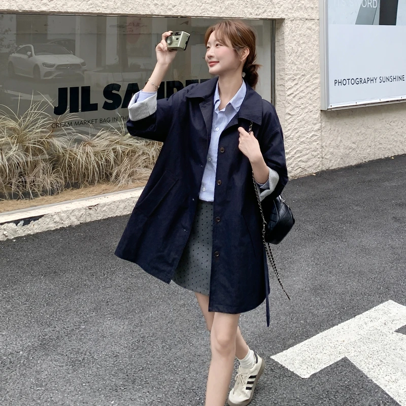 KALUOLAI/卡洛莱纯色休闲风女中长款翻领风衣百搭英伦风气质时尚