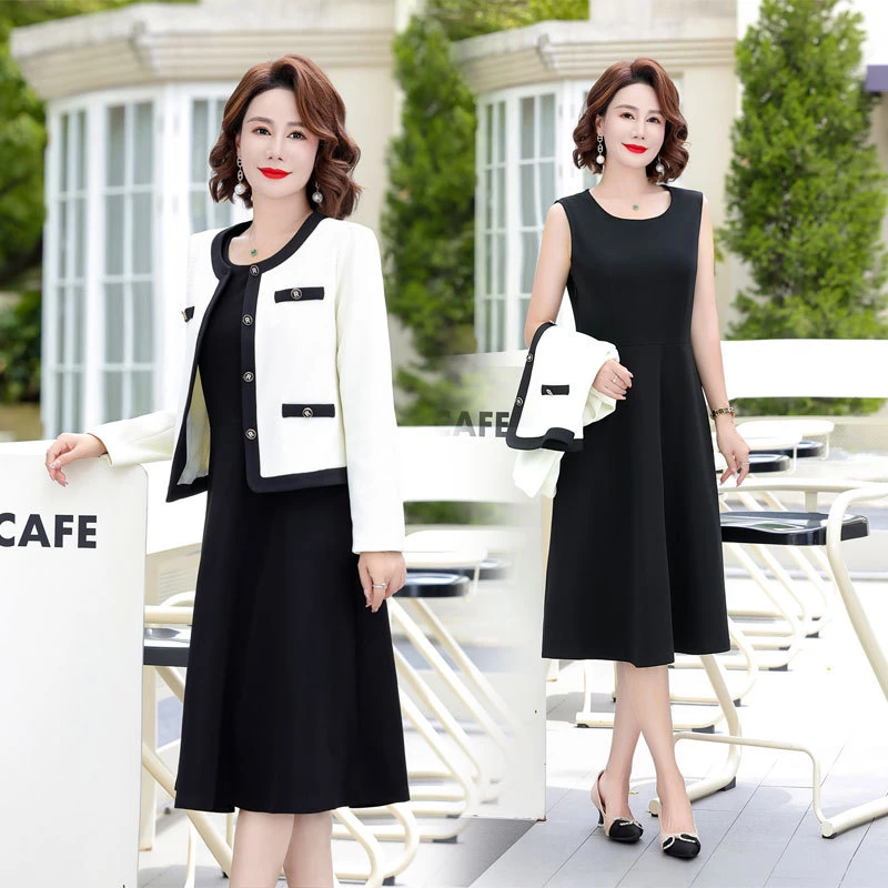 新款年轻妈妈气质春秋装连衣裙套装洋气时尚中老年女小香风短外套