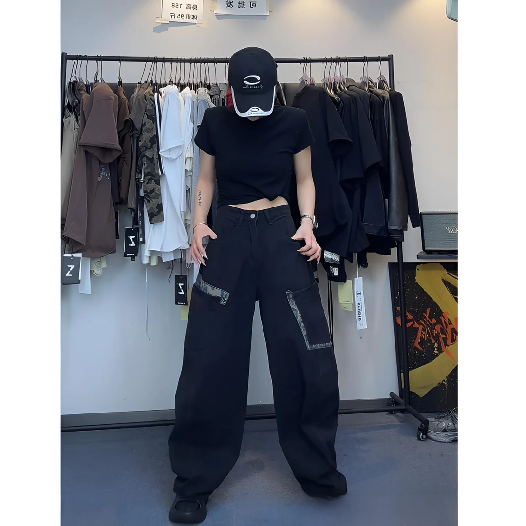DAXIECHA｜阔腿裤印花女长裤牛仔裤豹纹黑色百搭cleanfit风#99009