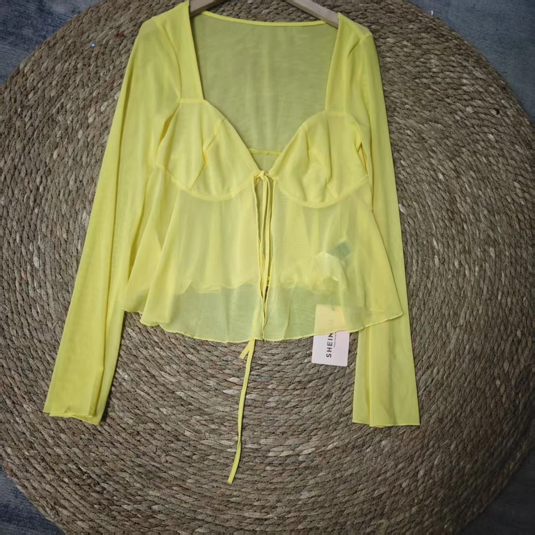 唯琳剪标 7仓F4-10-2284款 黄色V领防晒网纱打底衫