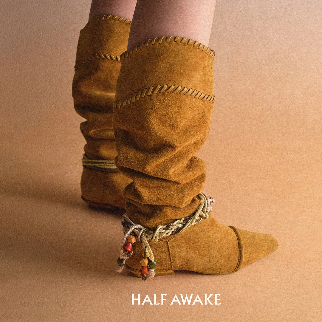 HALFAWAKE饰带牛皮小方头长靴 2025秋冬新款靴子Gemini买手店