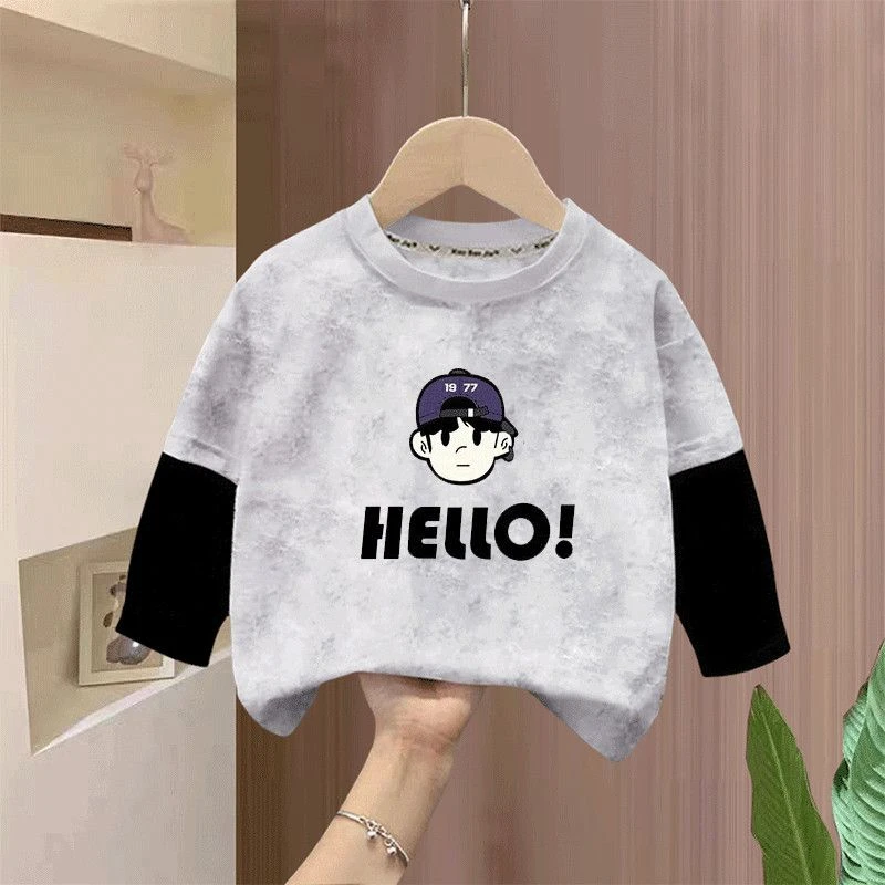 儿童新款休闲男童秋装长袖打底衫2025卡通圆领假两件T恤春秋上衣t