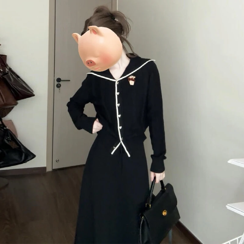 海军领小个子香风黑色针织连衣裙子女初春季2025新款法式时尚套装