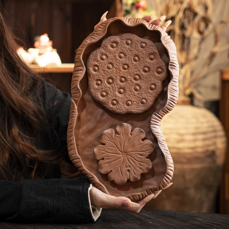 粗陶家用储水茶盘陶瓷功夫茶具茶海干泡台蓄水式茶具小托盘茶壶托