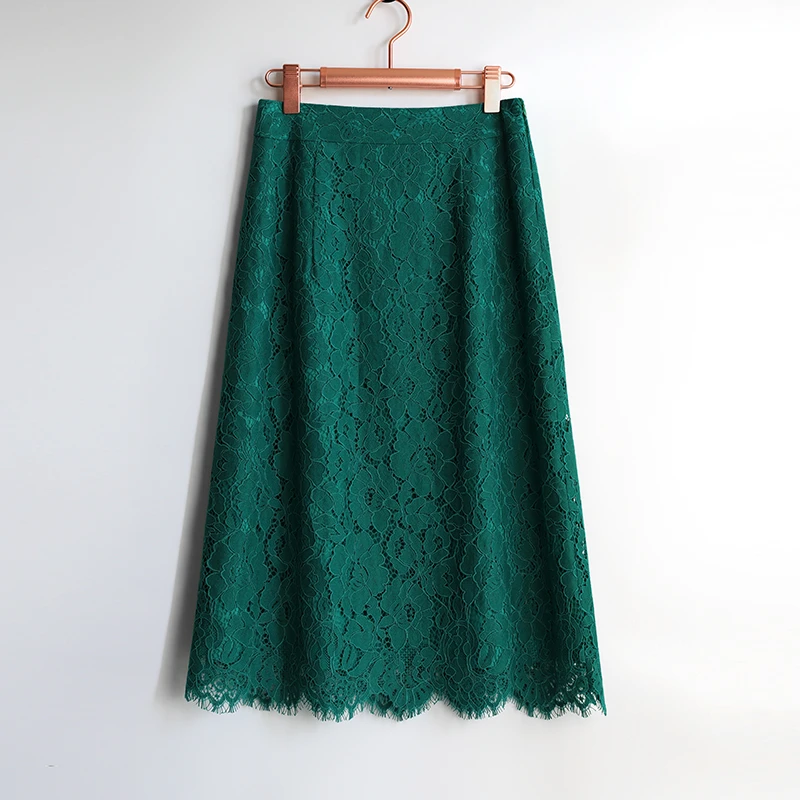 蕾丝半身裙女2025新款春夏A字裙高腰勾花镂空裙中长款绿色半裙子