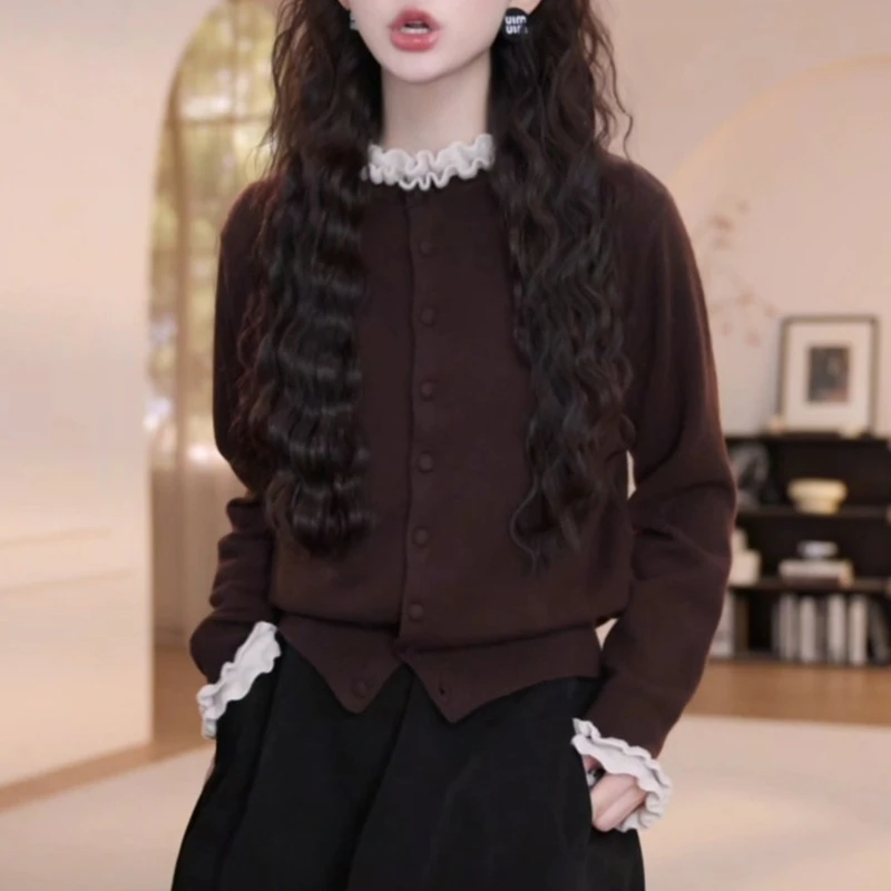 2025韩版早秋新款纯色花边包扣针织开衫长袖外套女时尚休闲上衣