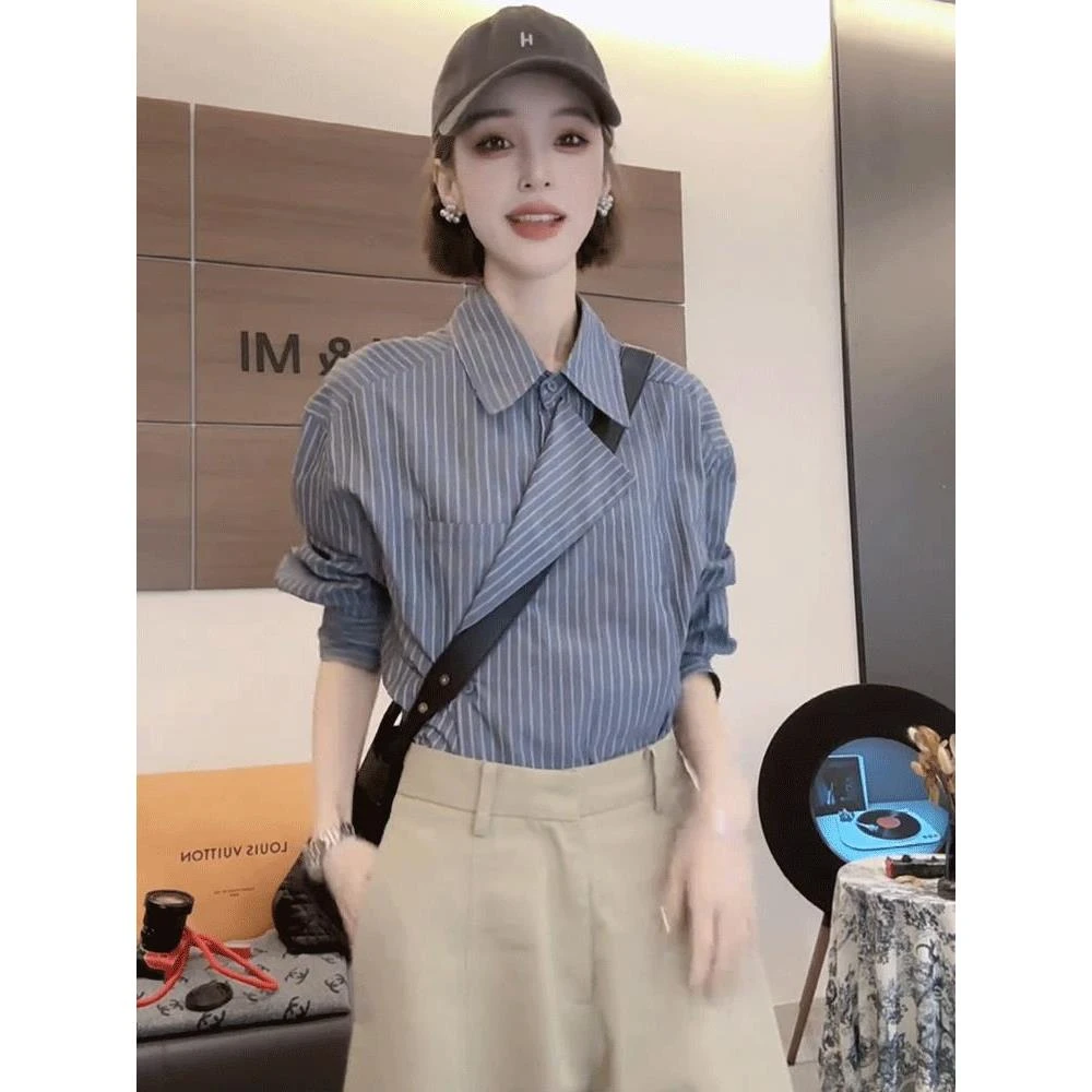 条纹长袖衬衫女2025春秋季新款宽松显瘦气质小衫设计感不规则上衣