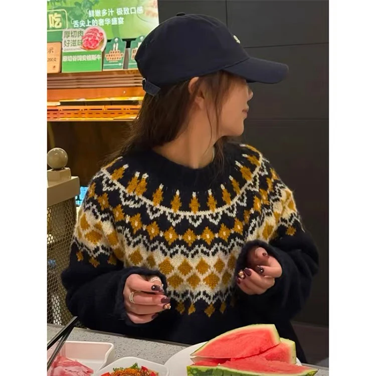 慵懒复古高级感加厚费尔岛提花大毛衣套头女宽松秋冬内搭针织上衣