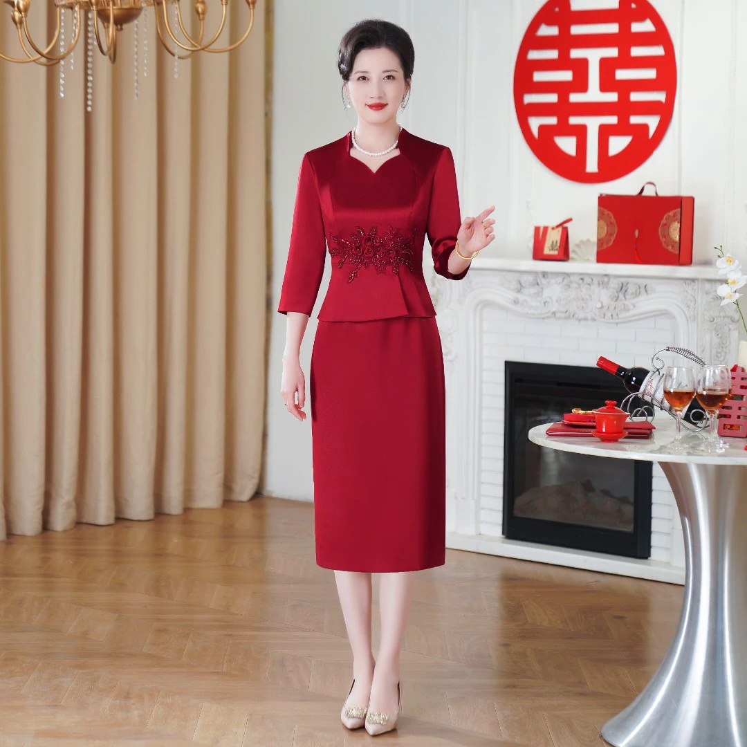 55711-1喜婆婆婚宴洋气显瘦连衣裙假两件结婚妈妈礼服高贵连衣裙