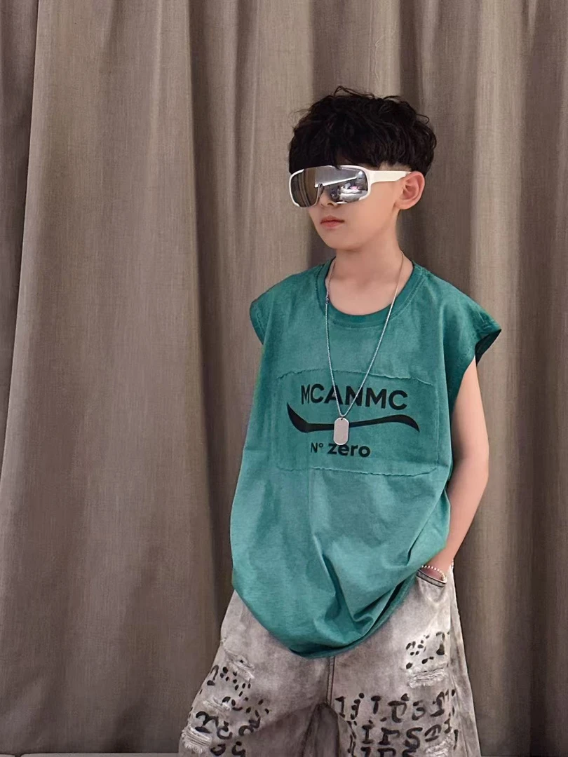 【蜡小新】【薄荷青柚】儿童夏季韩版宽松坎肩背心，模特穿150