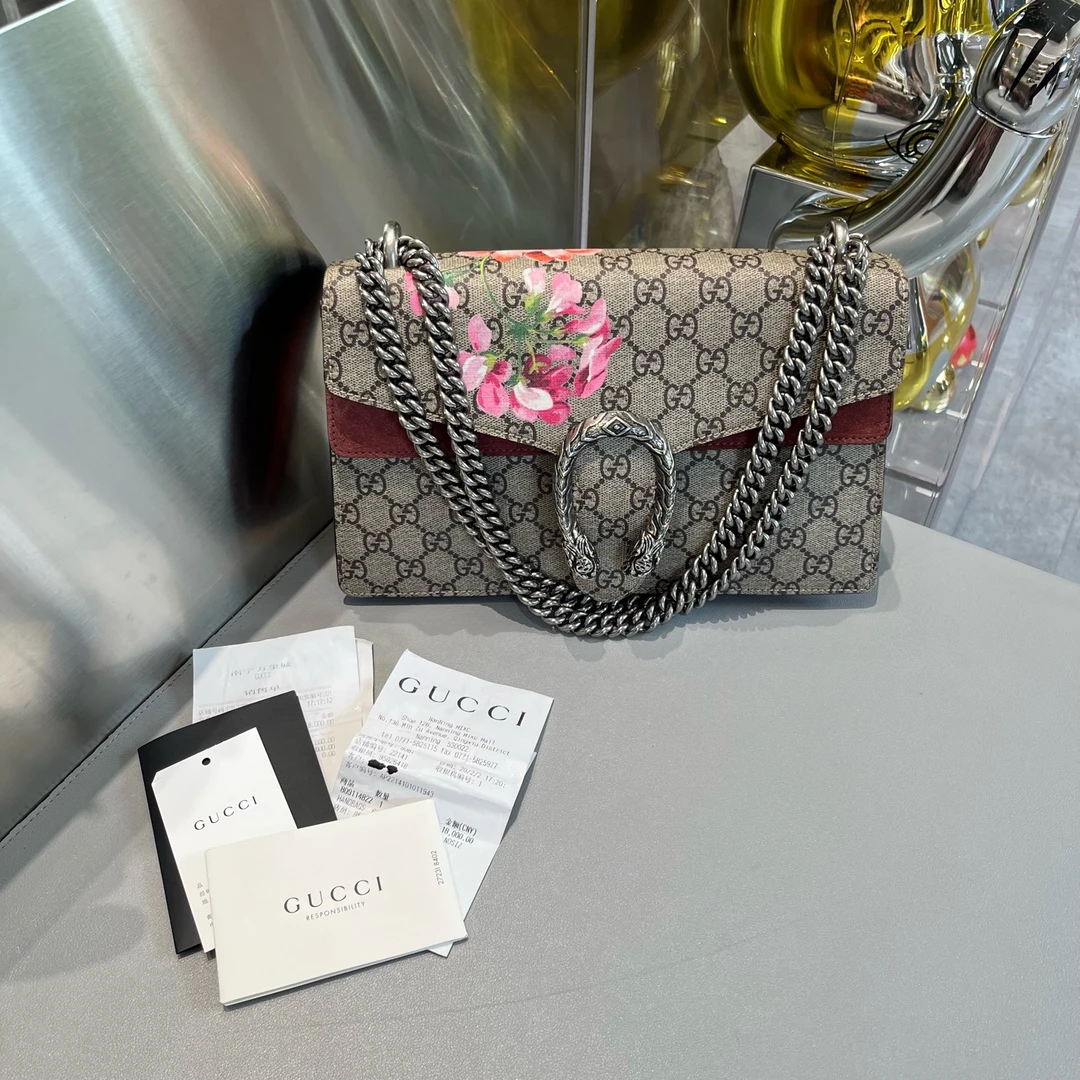 99新 GUCCI/古驰 天竺葵印花酒神中号链条包 老花拼红色麂皮