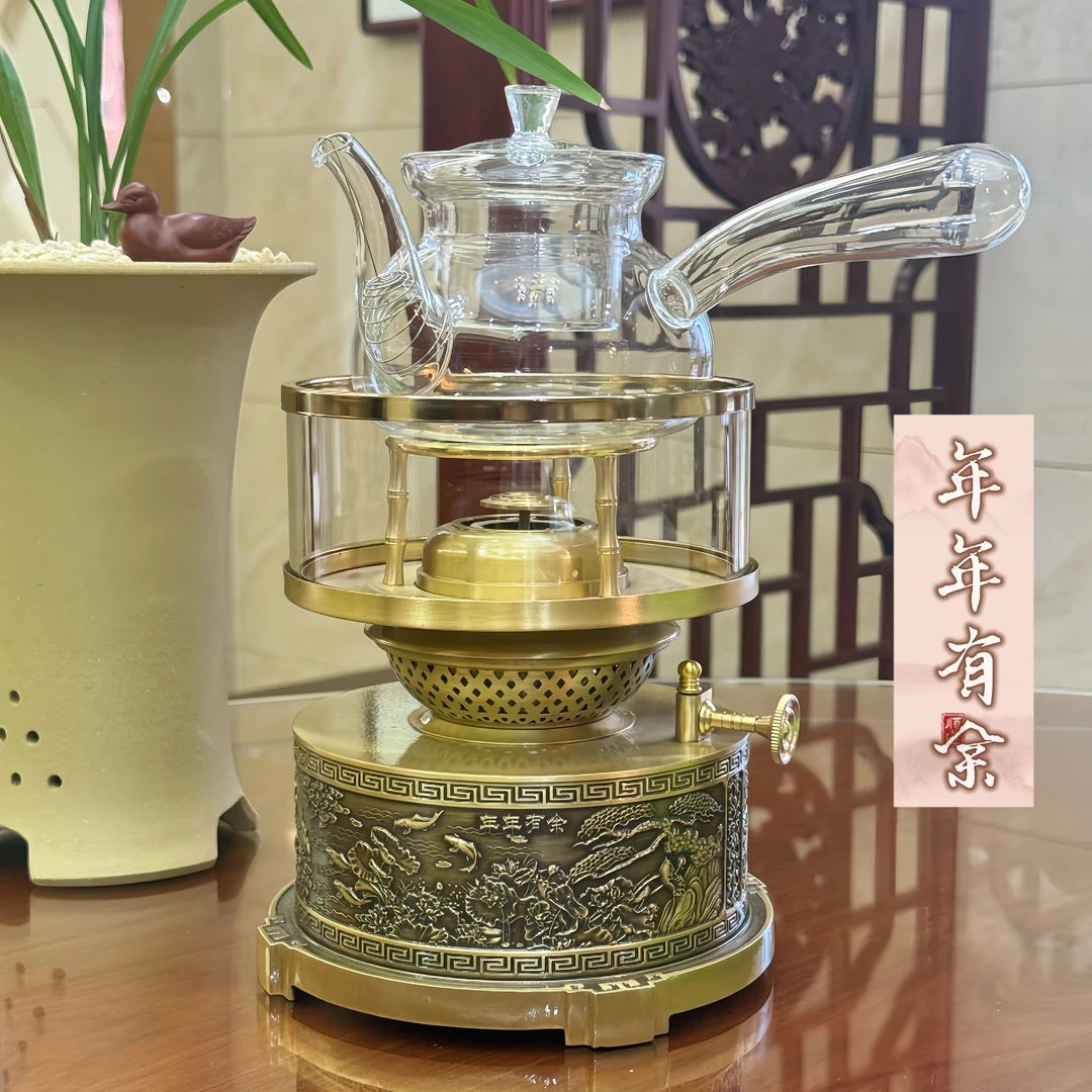 纯铜空气灯煮茶炉复古雕花精美中式煤油灯工夫茶煮水铜茶器全套配