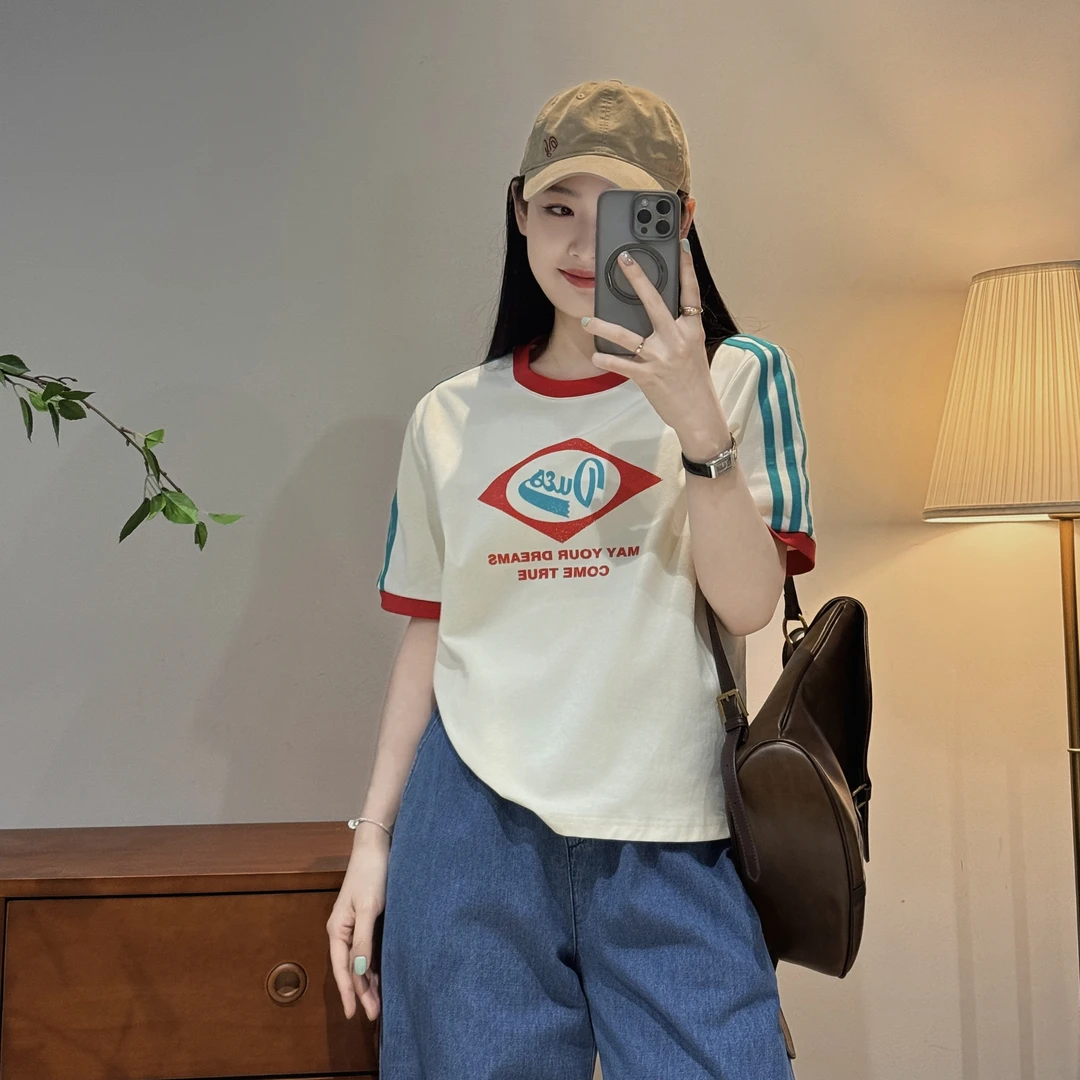 韩系休闲时尚设计感高级慵懒撞色几何短袖T恤女-M25202345