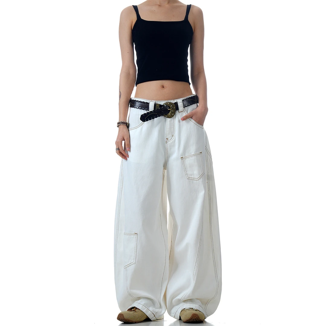 美式高街解构白色弯刀牛仔裤春秋季百搭潮牌水洗多口袋cleanfit裤