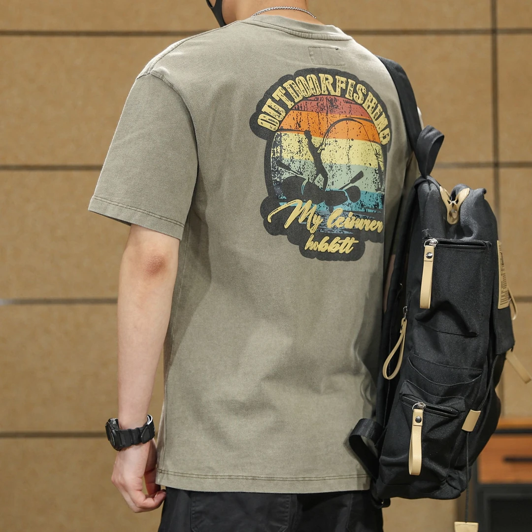 夏季重磅260g纯棉短t恤男士宽松圆领半袖上衣男生休闲印花体恤衫T