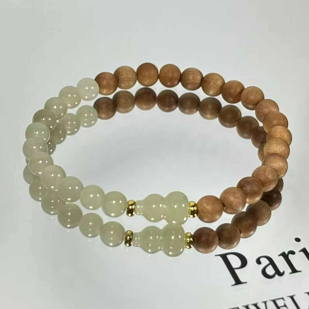 设计晴水和田玉搭配老山檀木手链珠子6MM精致女生配饰