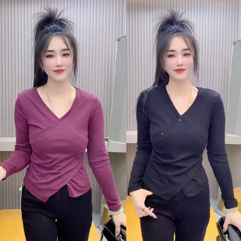 网红爆款时尚减龄修身显瘦纯色上衣女气质百搭简约通勤V领衬衫潮