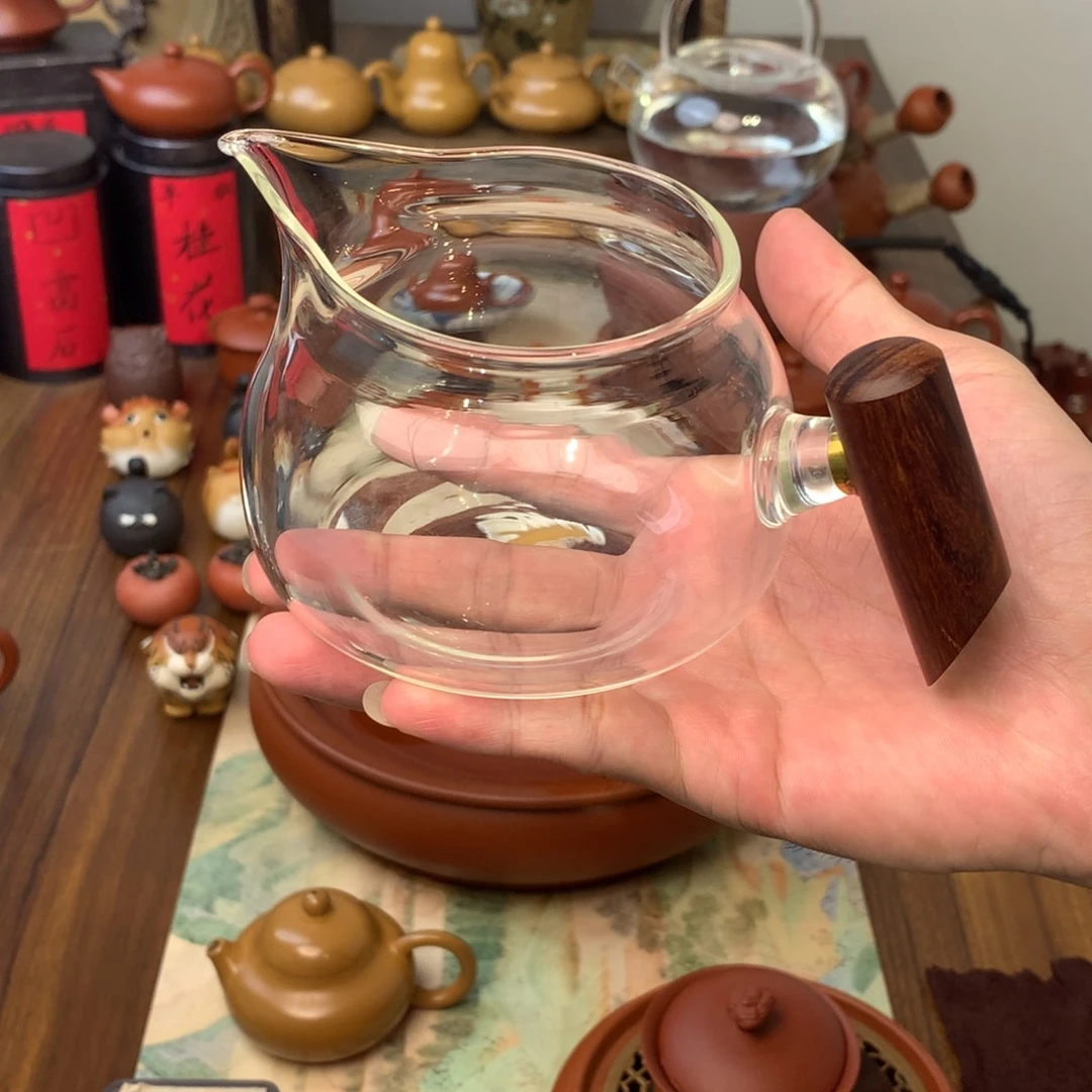玻璃公道杯实木把手扁款
