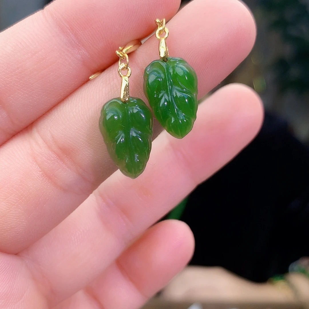 吊坠(不含链)银S925镶嵌和田玉（碧玉）耳钉