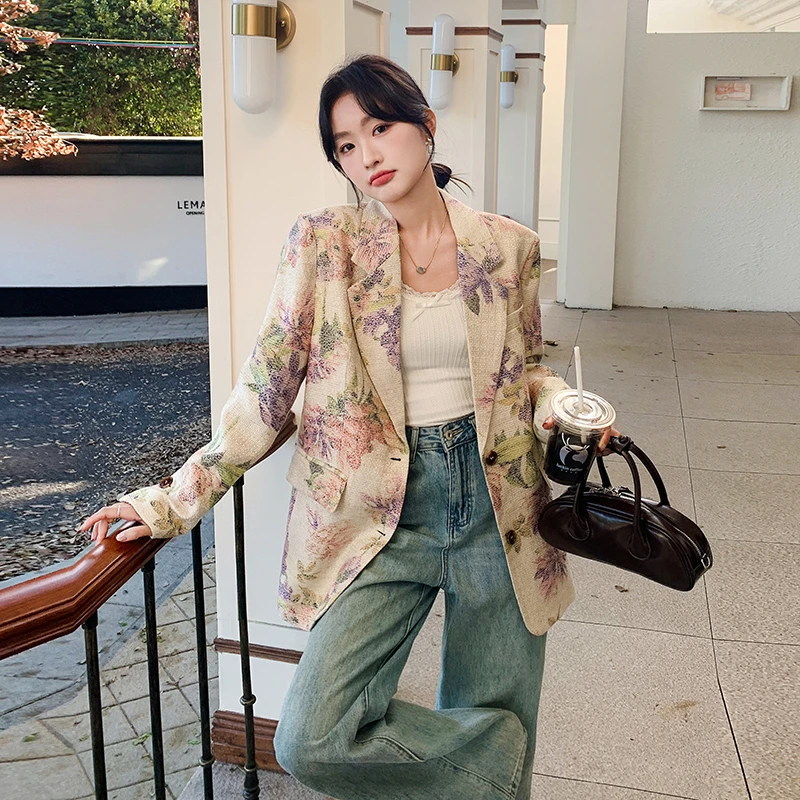 花色韩系气质单排扣西装外套女2025春季新款时尚高级感印花小西服