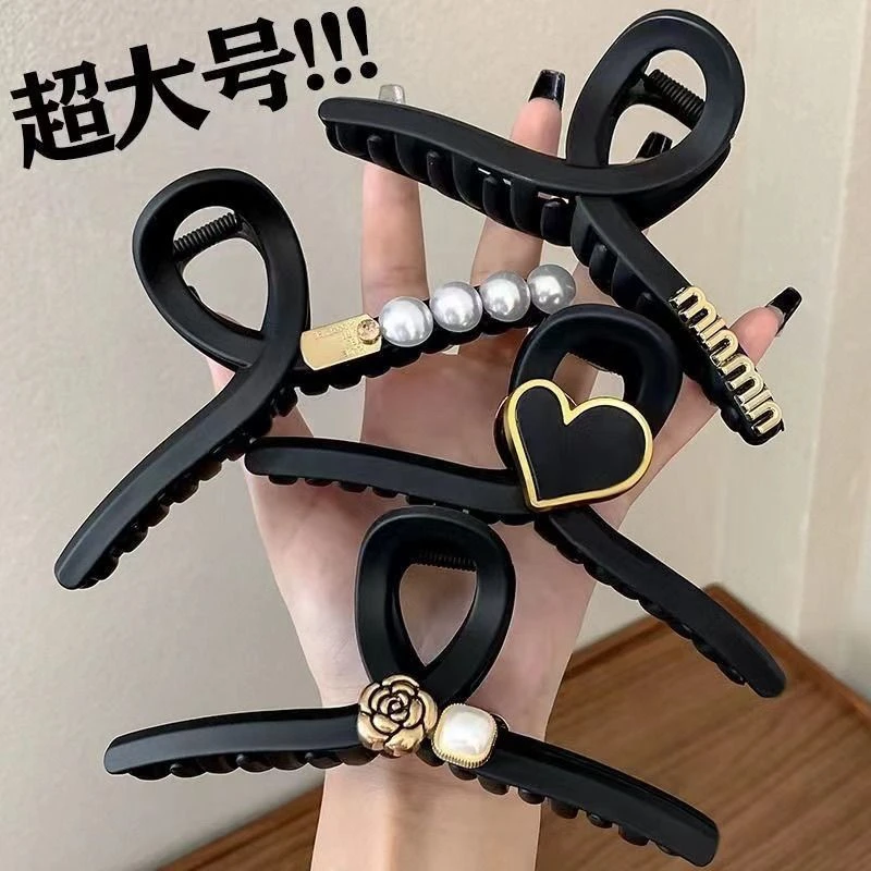 高级赫本风洋气个性简约立体超大号黑色抓夹后脑勺鲨鱼夹复古金标
