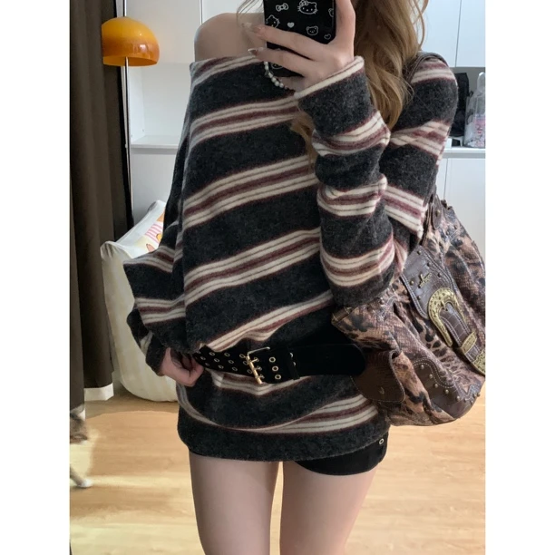 【329】古早慵懒千禧辣妹一字肩斜肩不规则显瘦条纹上衣裙