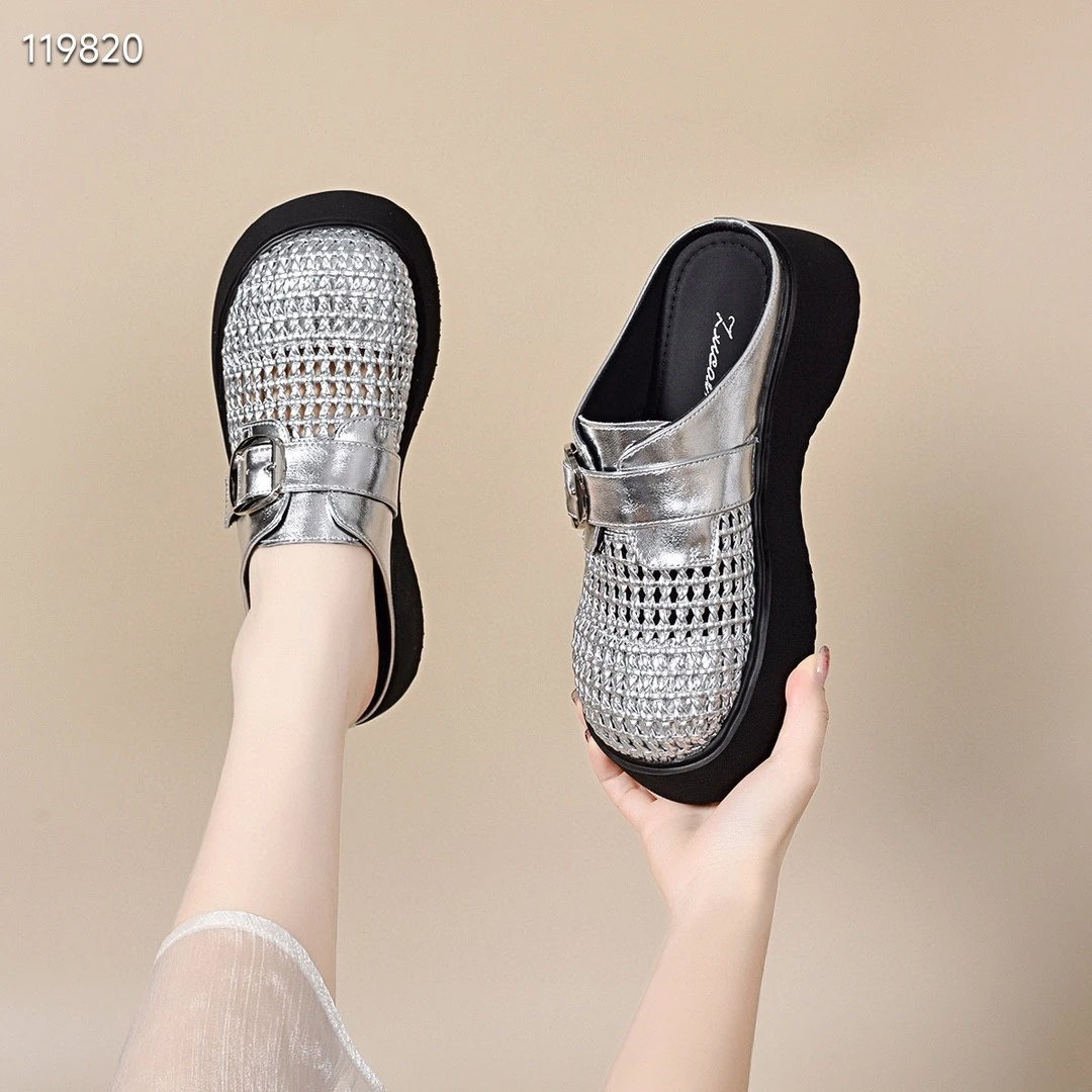 厚底包头镂空胶粘鞋日常包头拖高跟时尚休闲英伦风夏季软底