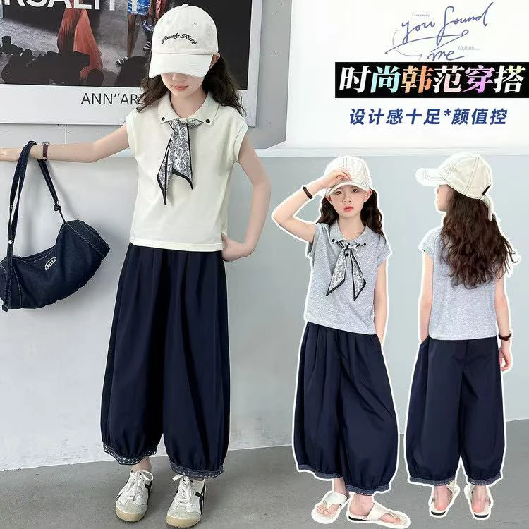 （送丝巾）女童POLO衫套装夏季2025新款潮女孩花边灯笼九分裤套装潮
