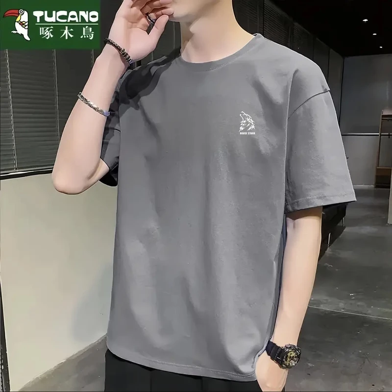 啄木鸟纯棉圆领短袖T恤男2025夏季新款简约上衣潮流百搭短袖男t恤