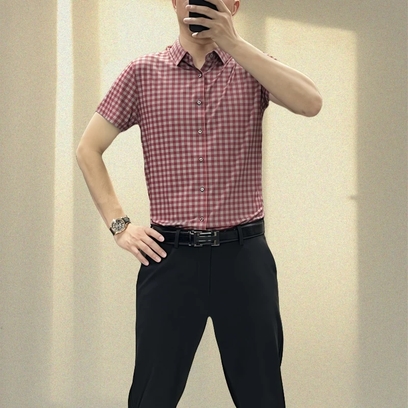 【赠送运费险】夏季男士冰丝格子短袖衬衫轻奢商务高档免烫无痕衬衣