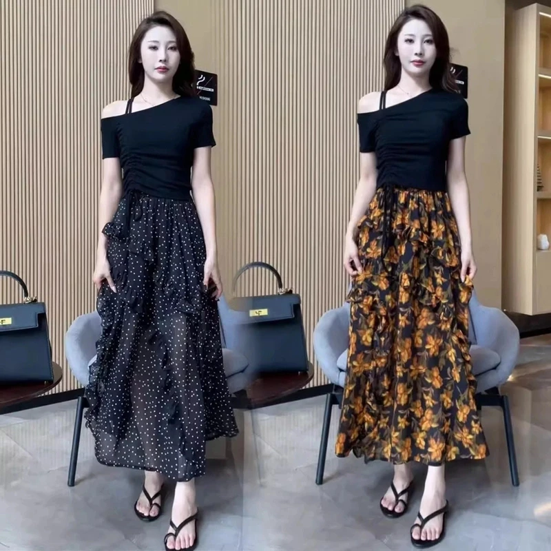 时尚小清新套装裙2025夏季新款斜肩设计短袖纯色上衣碎花半身裙子