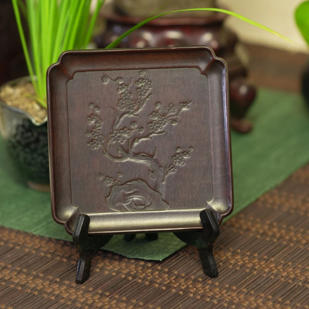 清代 【槐荫山房】/HY2697/清中期紫檀洞石梅花纹四方委角盘